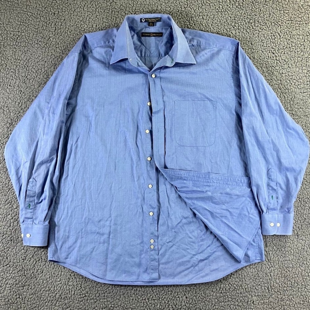 Tommy Hilfiger Mens Blue Herringbone Dress Shirt 100s 2-Ply Cotton TLC XL